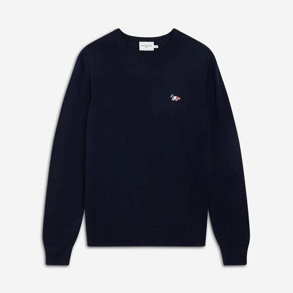 Maison Kitsuné Virgin Wool Tricolor Fox Patch Crewneck Sweater Knitwear Navy EUC - Picture 1 of 12